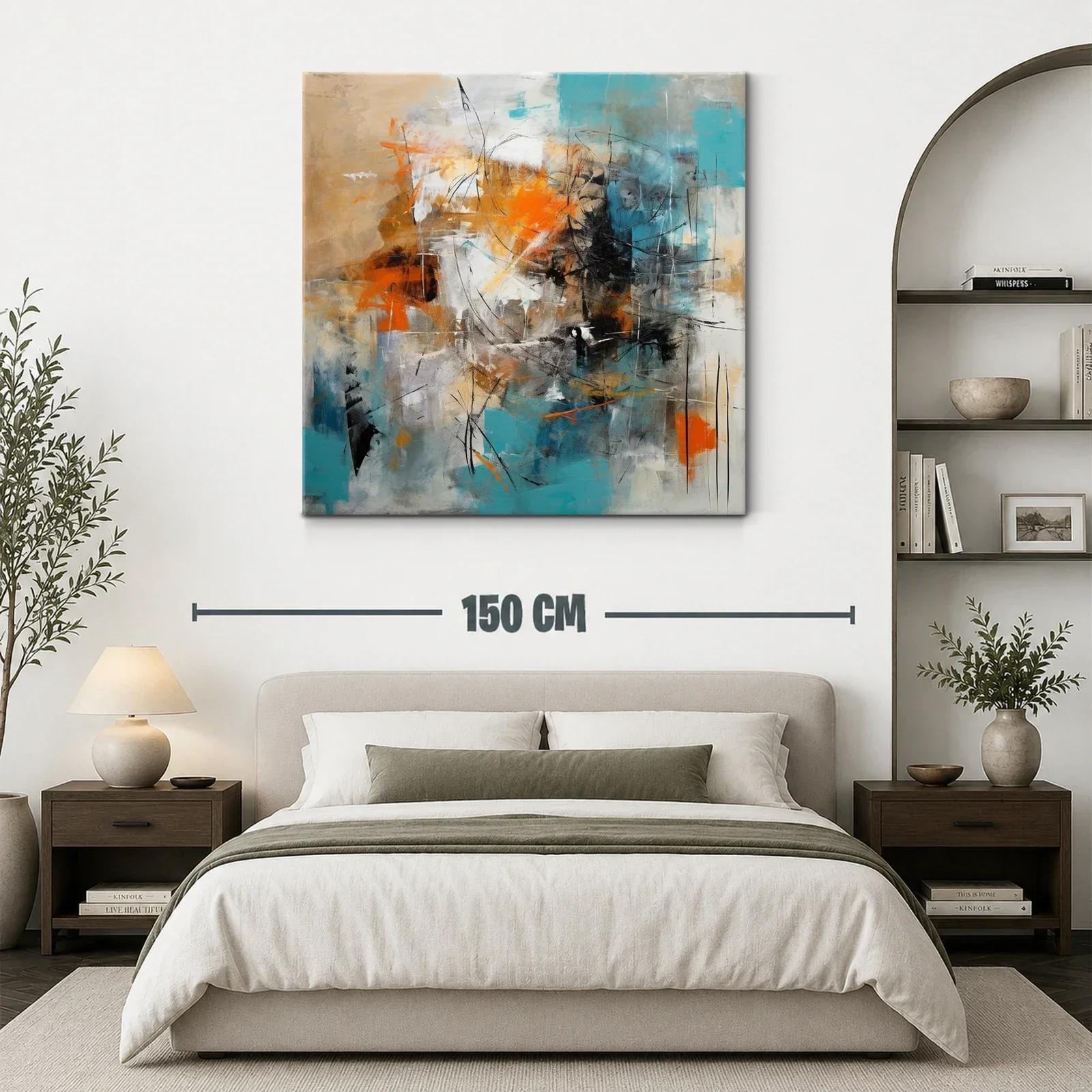 Cuadro abstracto con toques en turquesa y naranja vibrante — miniatura 3