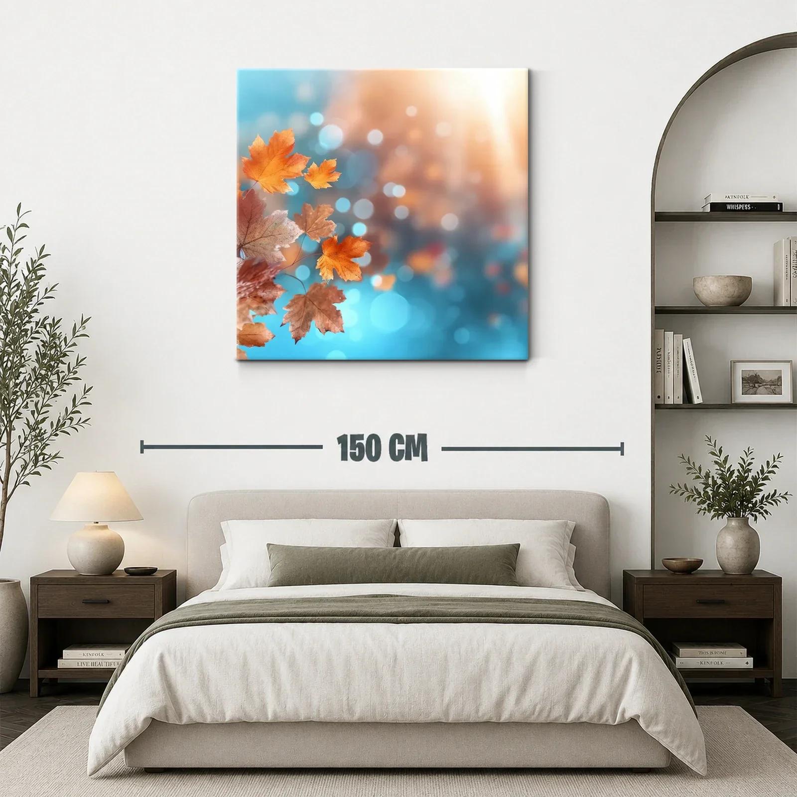 Cuadro con hojas de otoño en tonos cálidos y azul brillante — miniatura 3