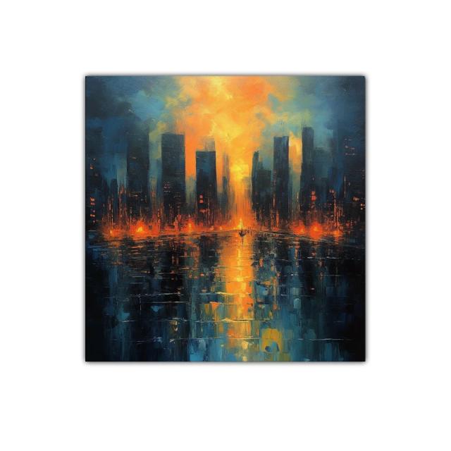 Atardecer vibrante sobre ciudad reflejada en agua