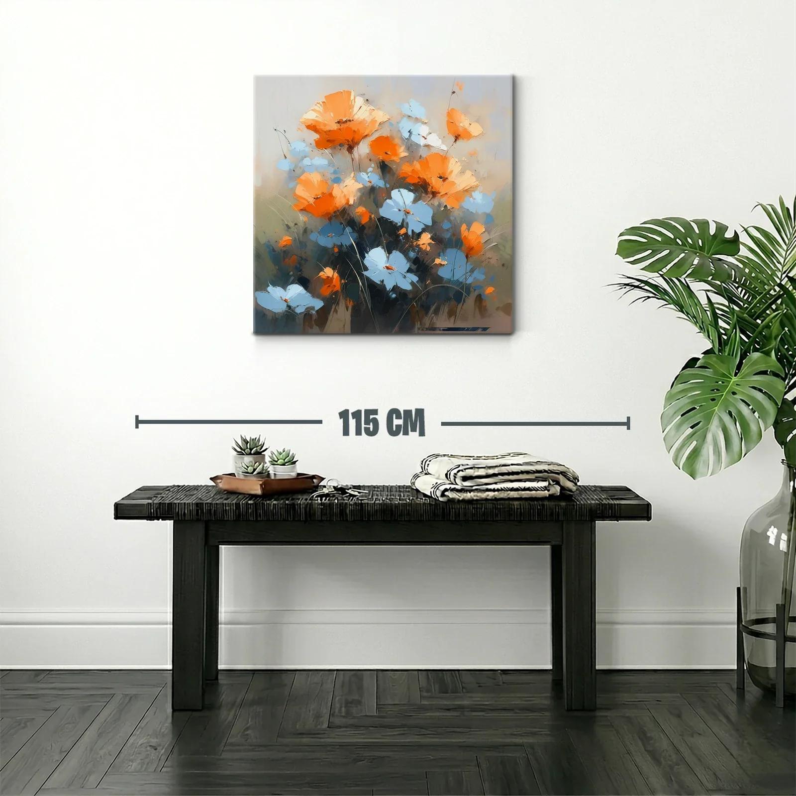 Cuadro moderno con flores naranjas y azules vibrantes — miniatura 2