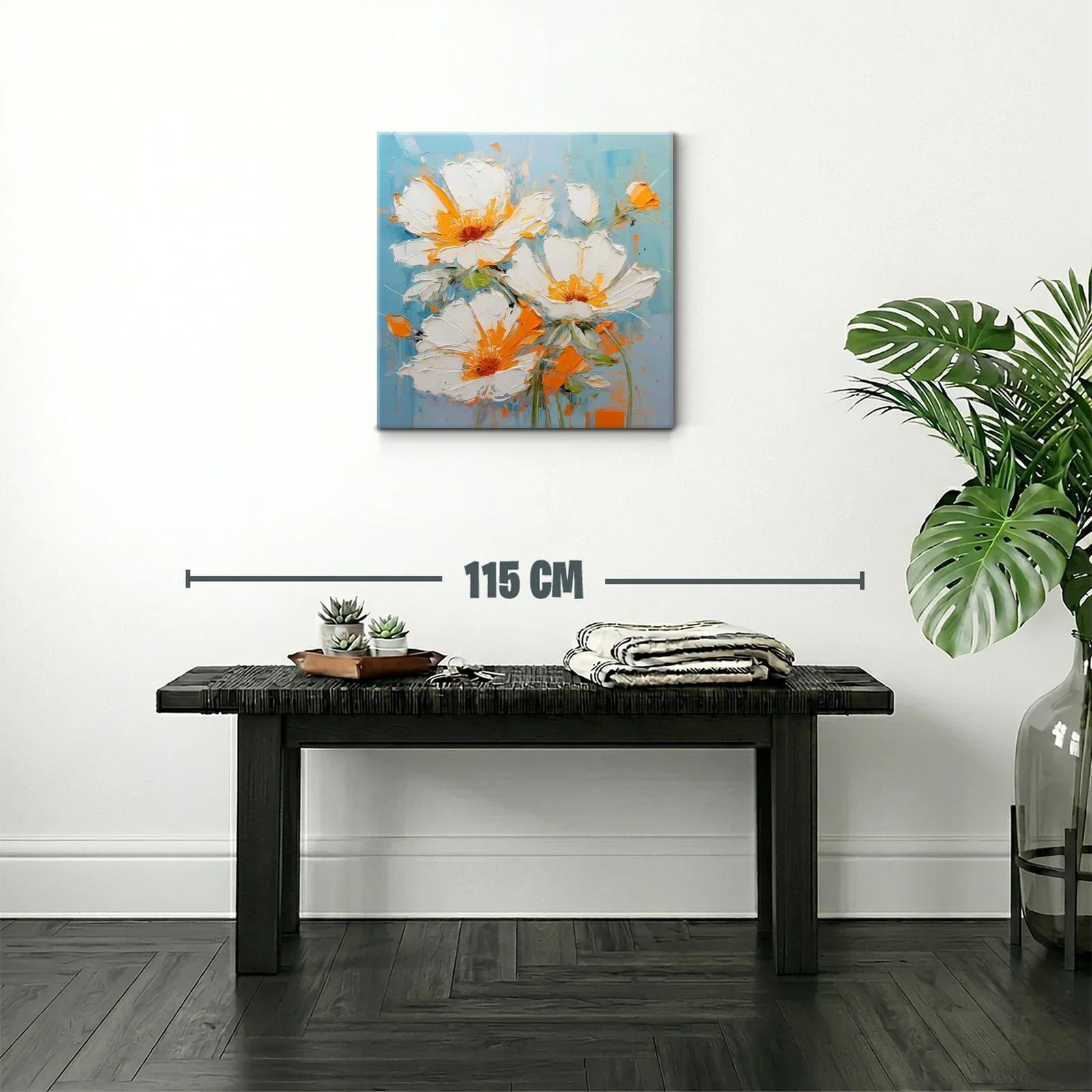 Cuadro con flores blancas y detalles naranjas sobre fondo azul — miniatura 2