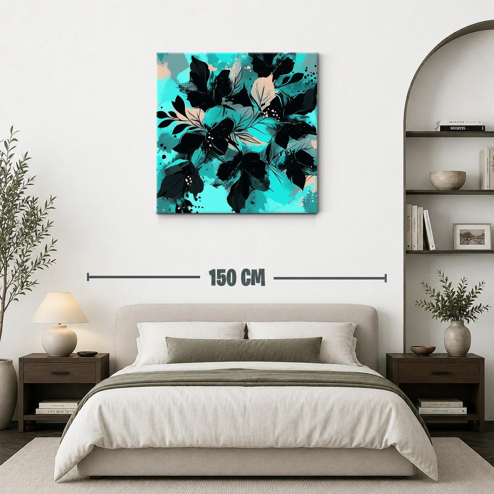 Cuadro moderno con motivos florales en tonos turquesa y negro — miniatura 3
