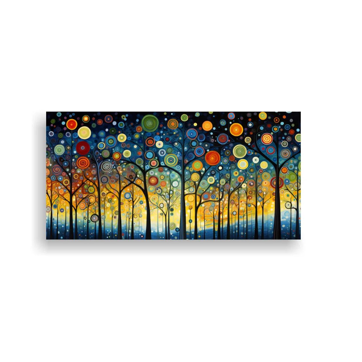 Cuadro bosque de árboles delgados con círculos de colores
