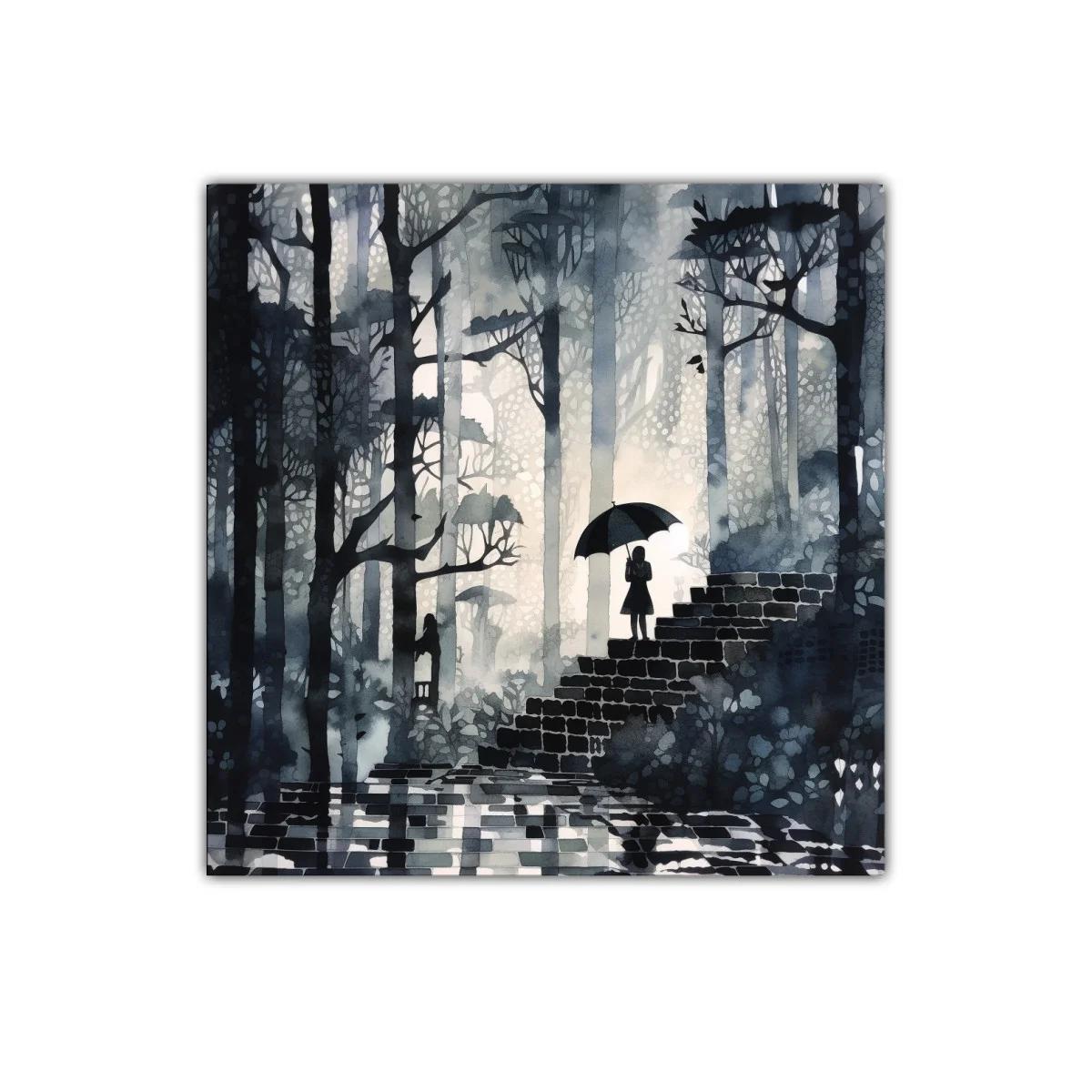 Escena en bosque místico con figura bajo paraguas — imagen principal