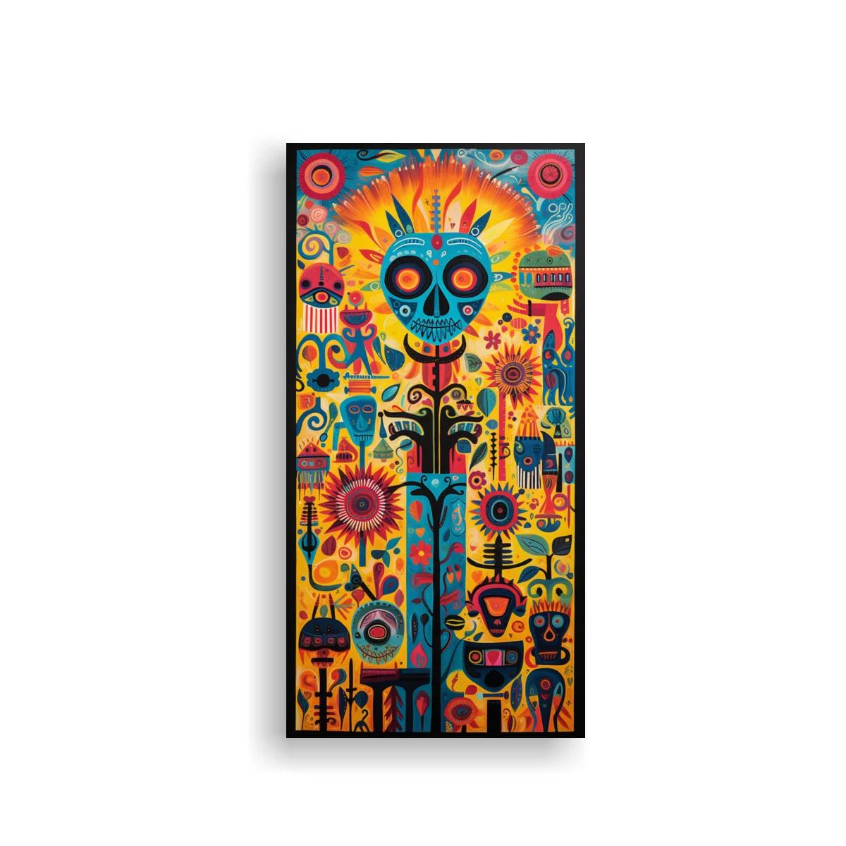 Cuadro calavera de gato con flores y aves folclóricas — imagen principal