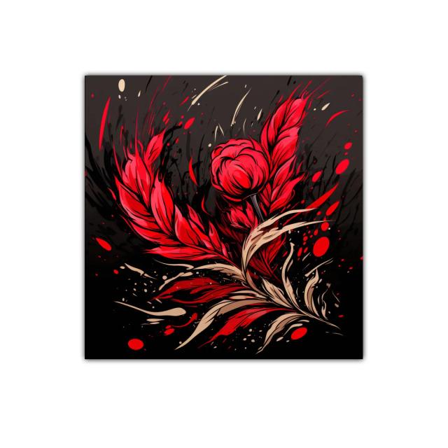 Composición floral expresiva en rojo y negro vibrante