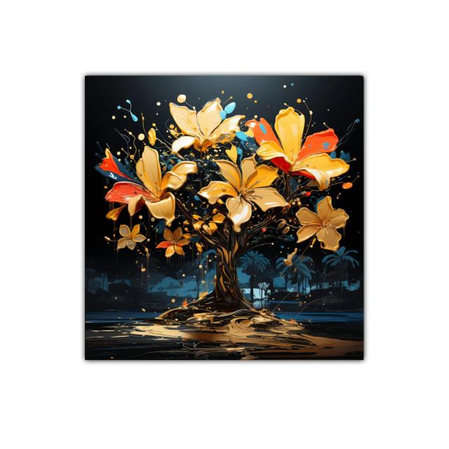 Árbol de flores doradas con tonos vibrantes y fondo nocturno