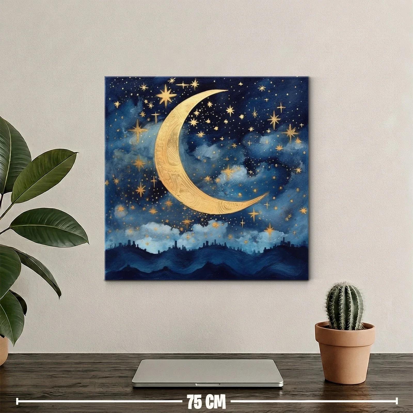 Cuadro con luna dorada y cielo estrellado azul — miniatura 2