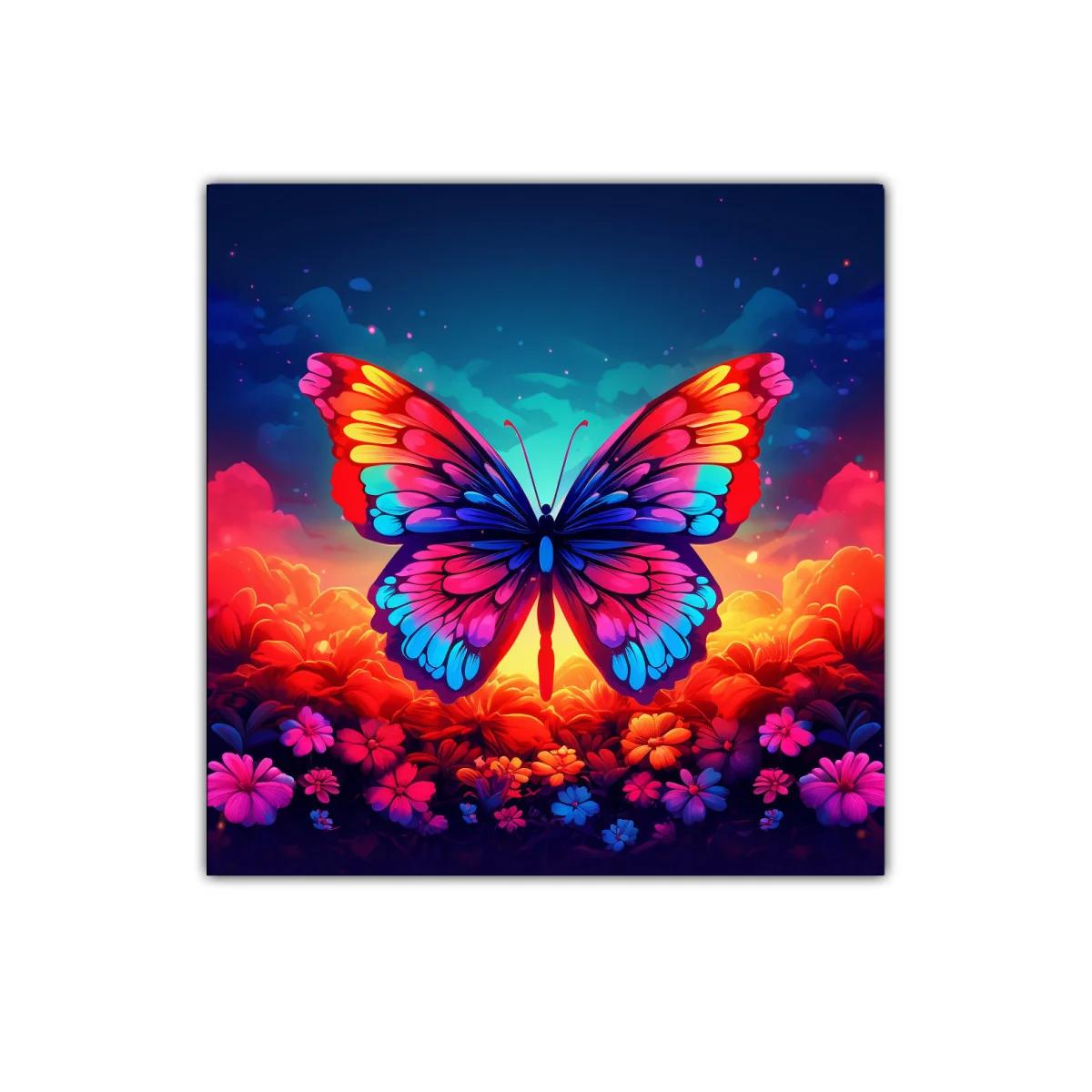 Mariposa vibrante sobre fondo floral al atardecer — imagen principal