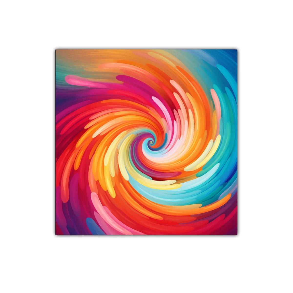Cuadro abstracto espiral vibrante en tonos cálidos y fríos