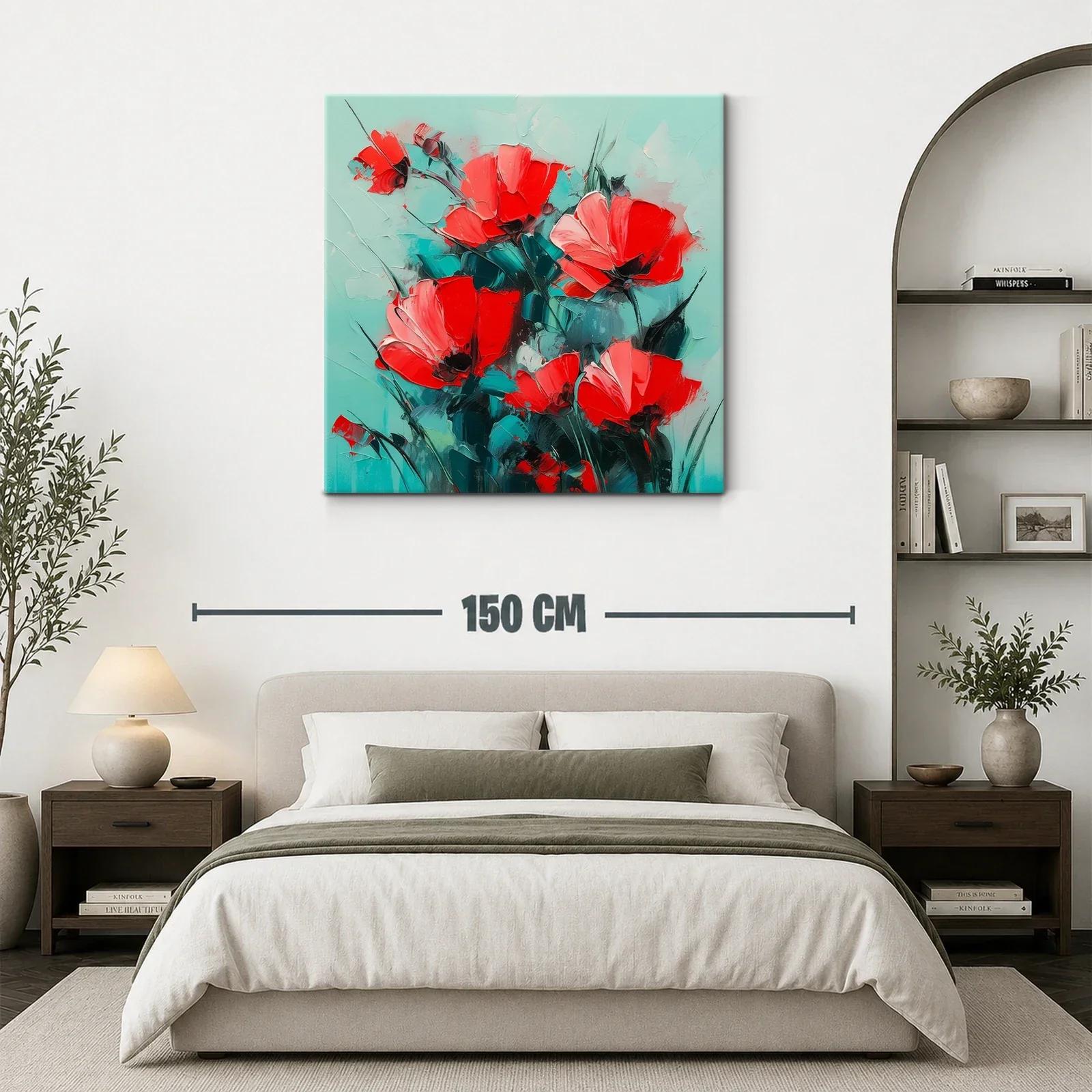 Cuadro floral con vibrantes amapolas rojas sobre fondo turquesa — miniatura 3