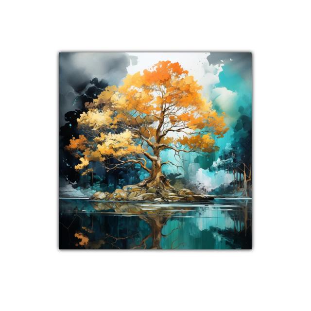 Árbol dorado reflejado en lago sereno y mágico