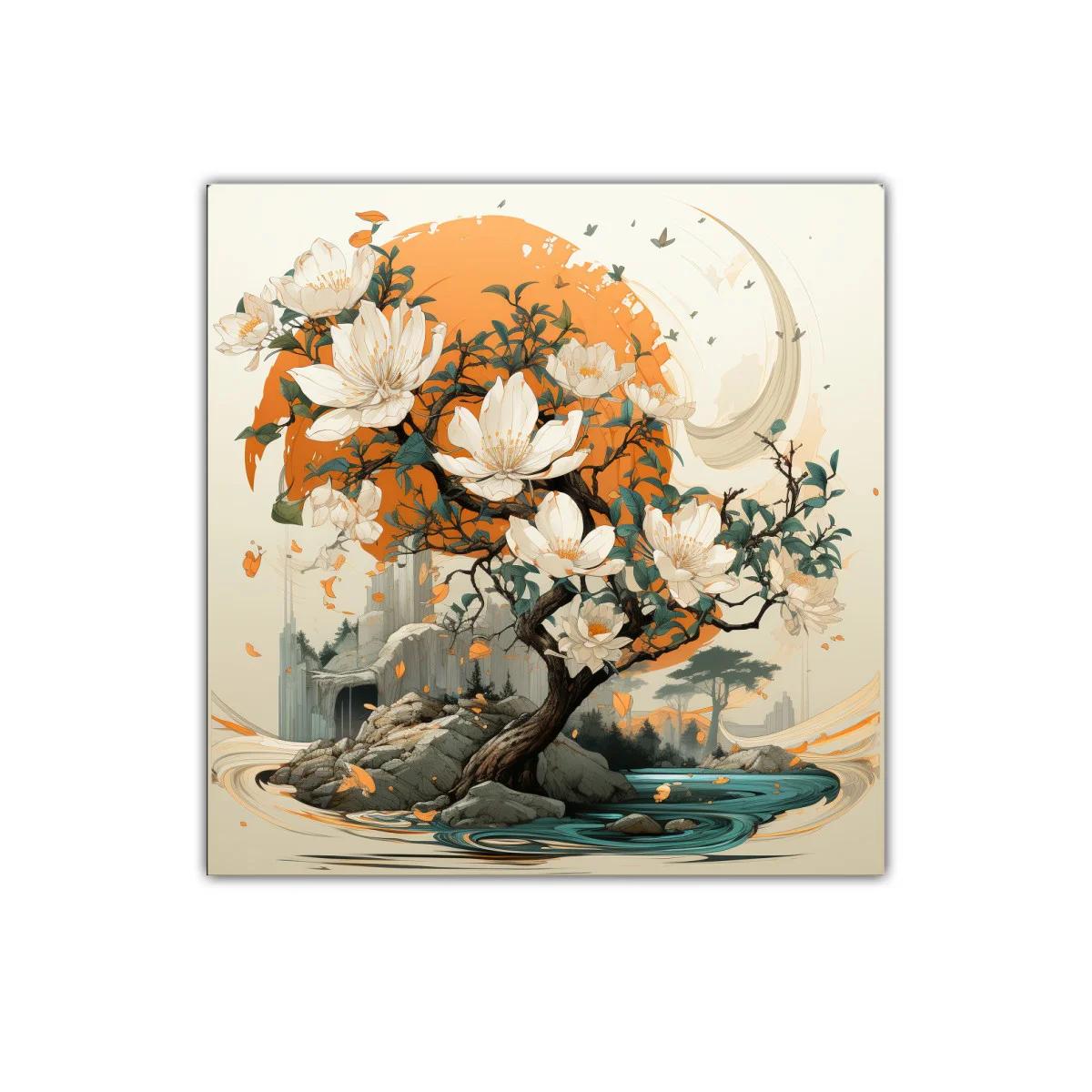 Cuadro decorativo con árbol de flores blancas y sol naranja