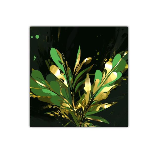 Cuadro abstracto con motivos vegetales dorados y verdes