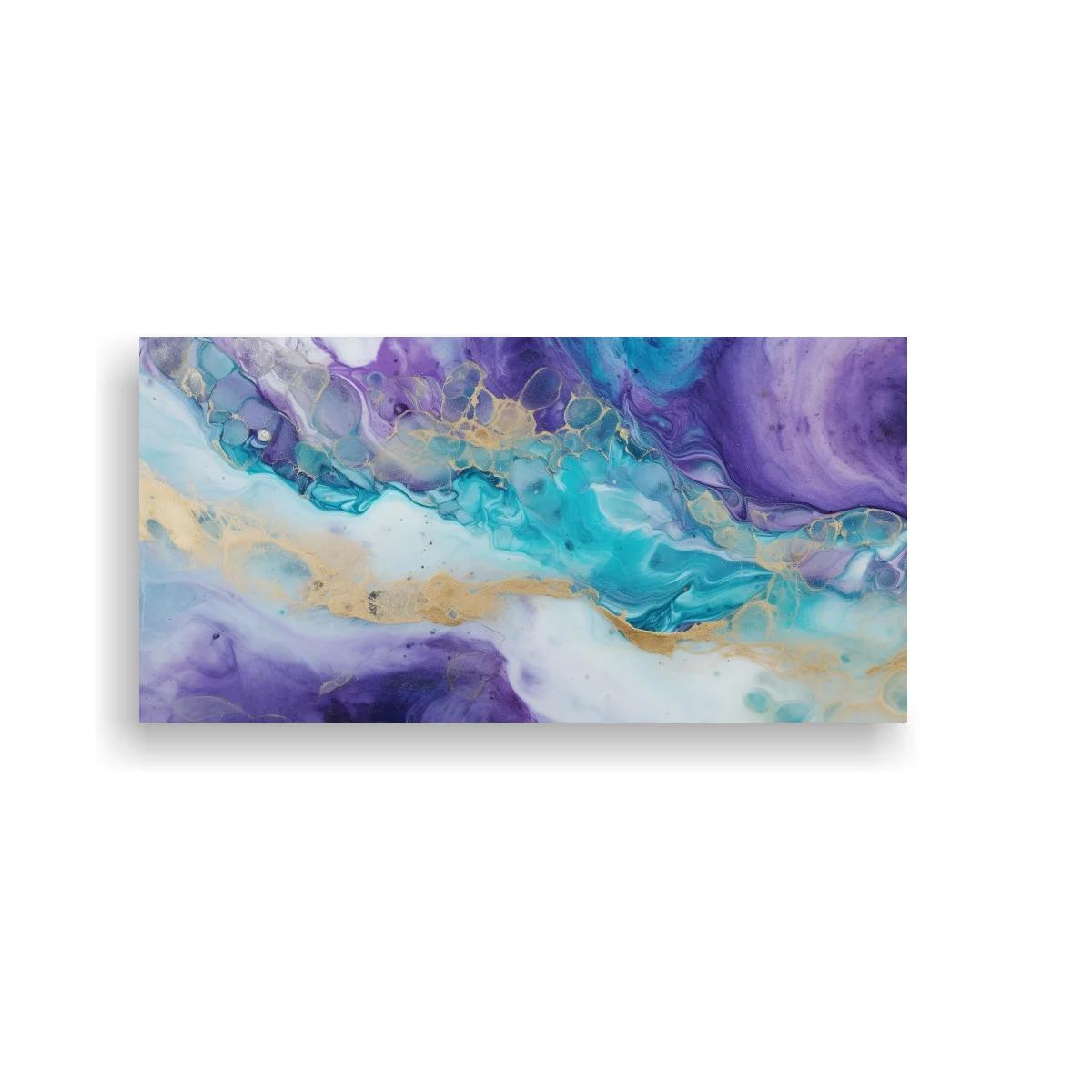 Cuadro abstracción fluida turquesa y violeta con vetas doradas