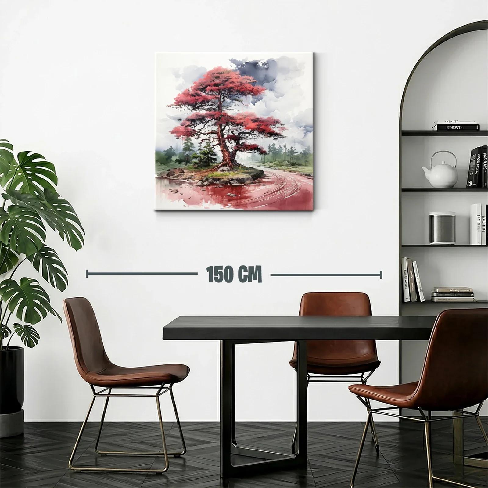 Árbol rojo junto al río en paisaje tranquilo y etéreo — miniatura 2