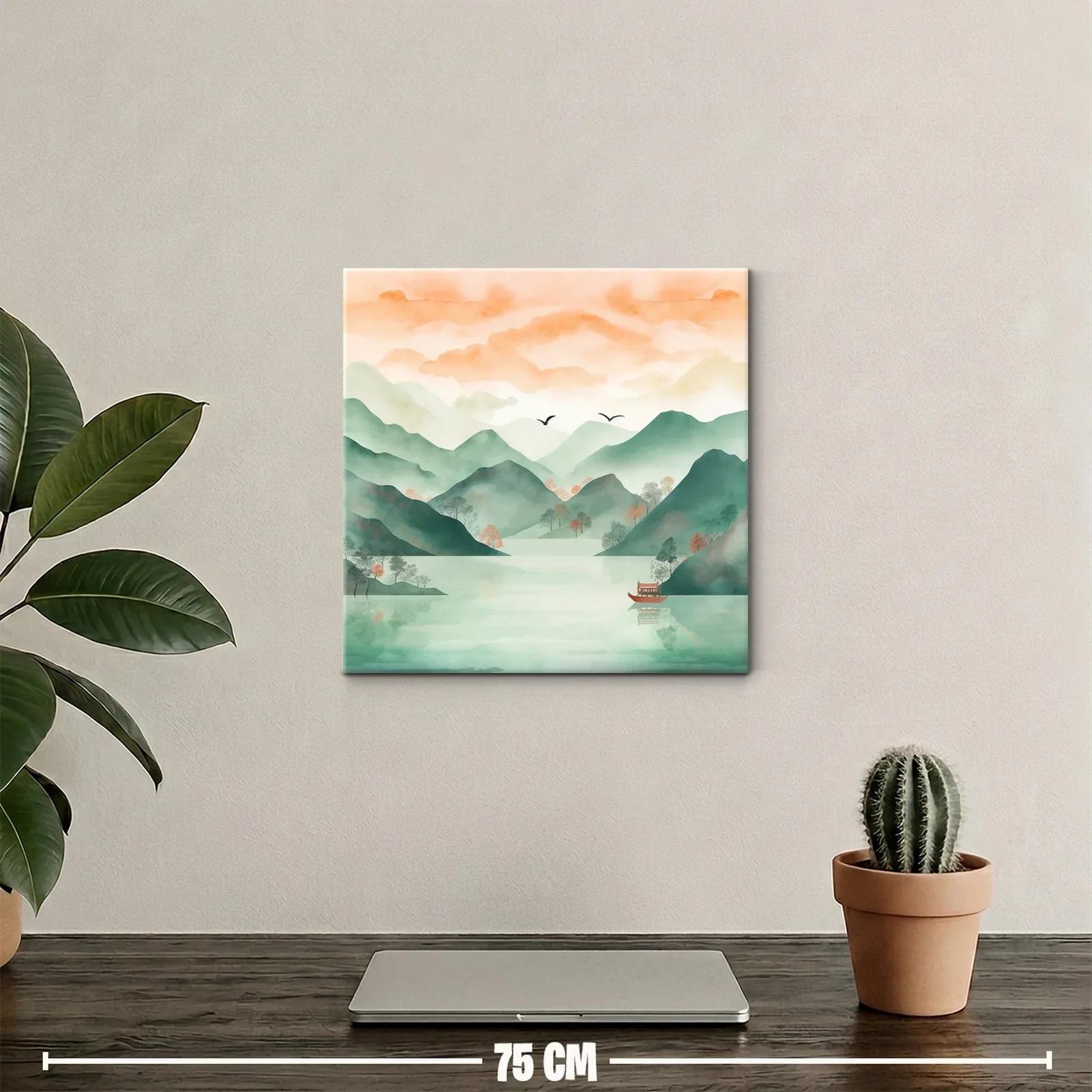 Serena escena de montañas y lago con tonos pastel cálidos — miniatura 2