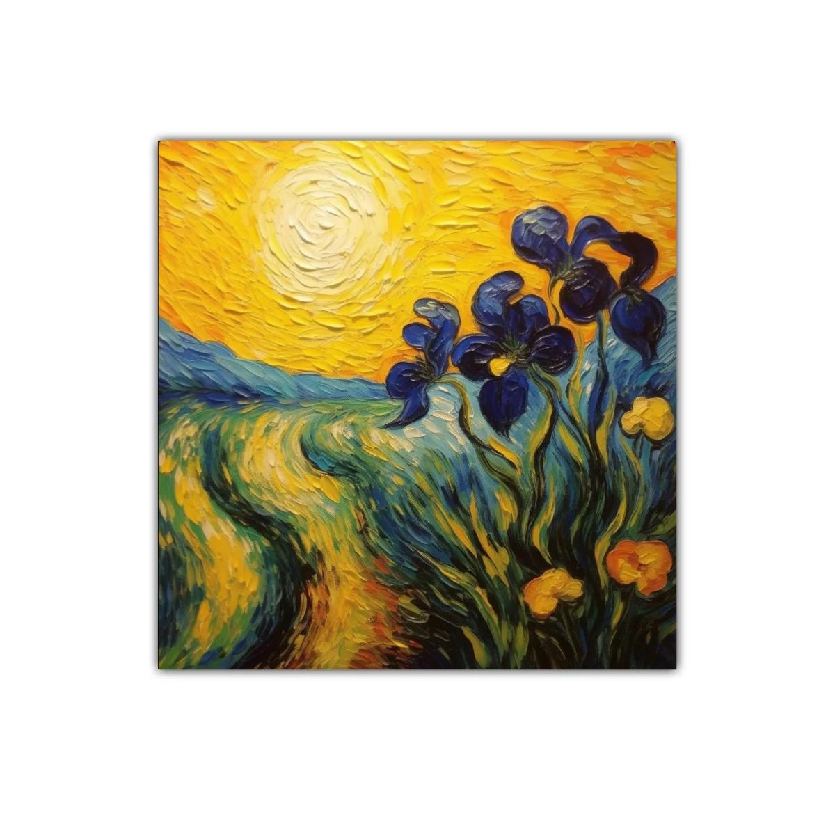 Cuadro vibrante con flores azules bajo el sol brillante