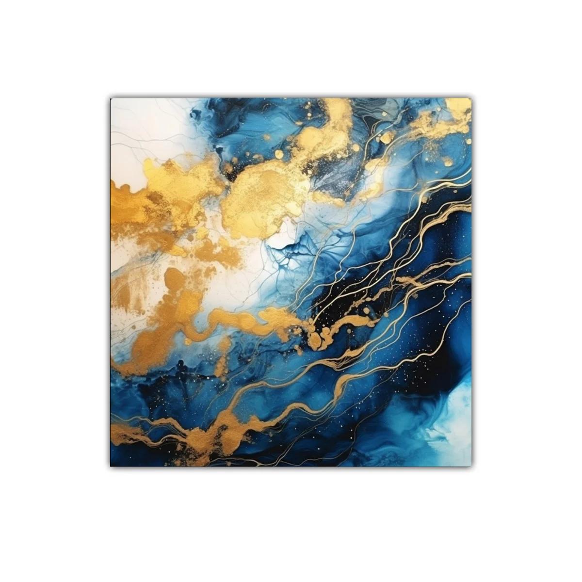 Cuadro abstracto con vibrantes tonos azules y dorados
