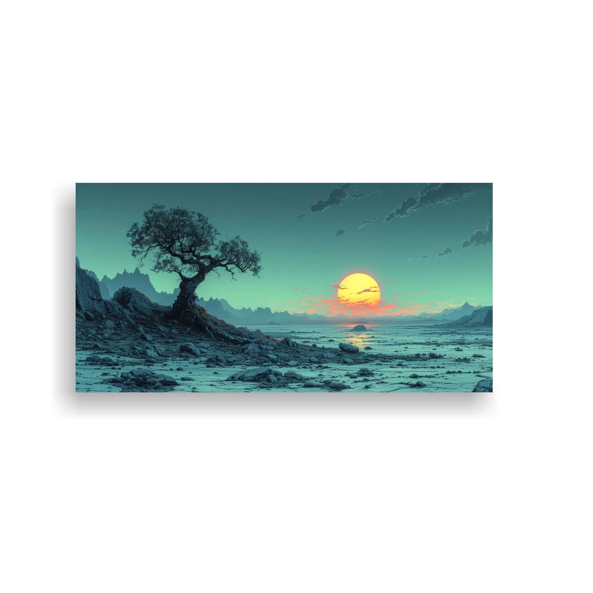 Cuadro árbol solitario con sol poniente y orilla húmeda