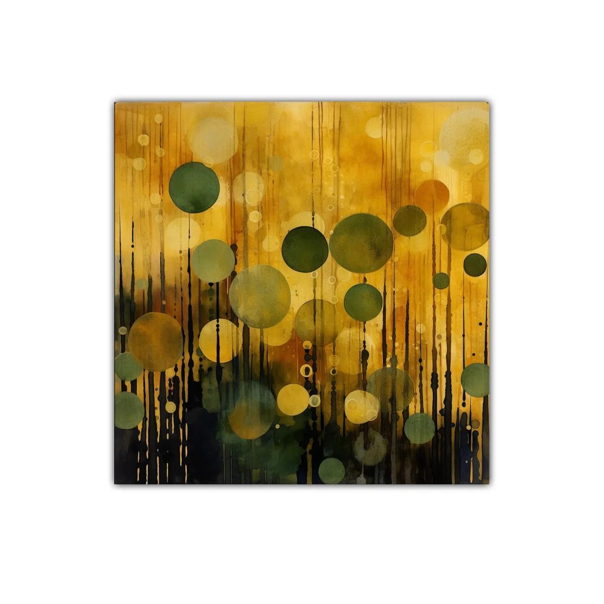Cuadro abstracto con círculos verdes y dorados