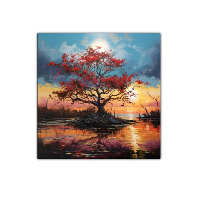 Árbol en paisaje al atardecer con tonos cálidos y azules