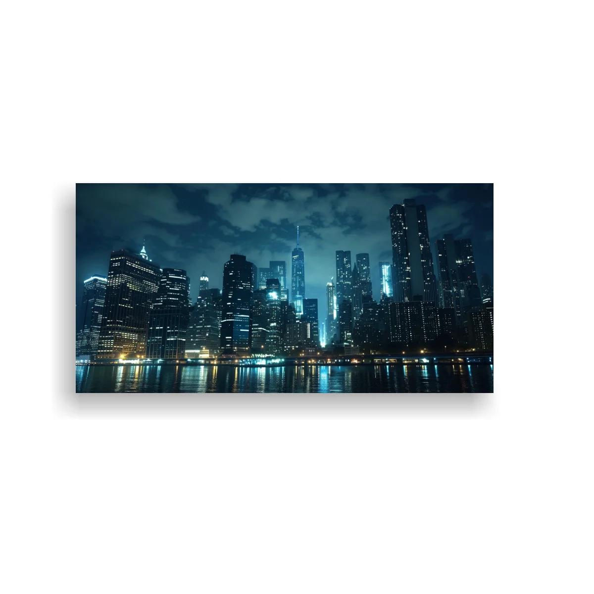 Cuadro skyline urbano nocturno frente al agua