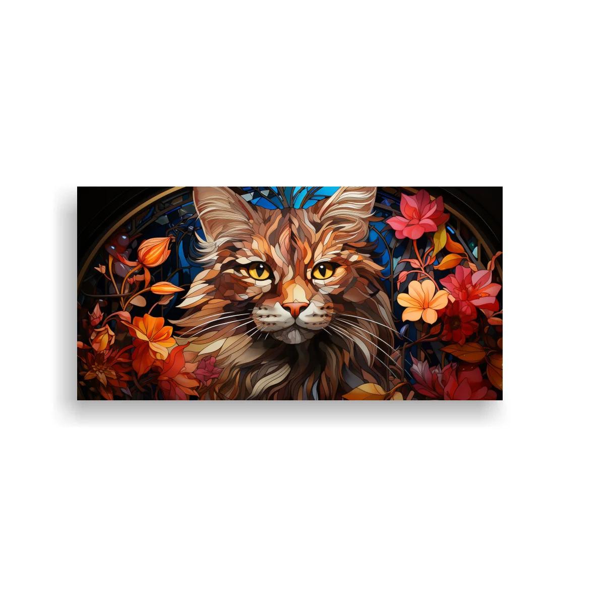 Cuadro gato atigrado de pelo largo con flores y aro circular