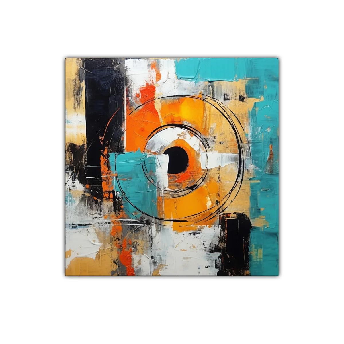 Cuadro abstracto con círculos y tonos vibrantes en azul y naranja — imagen principal