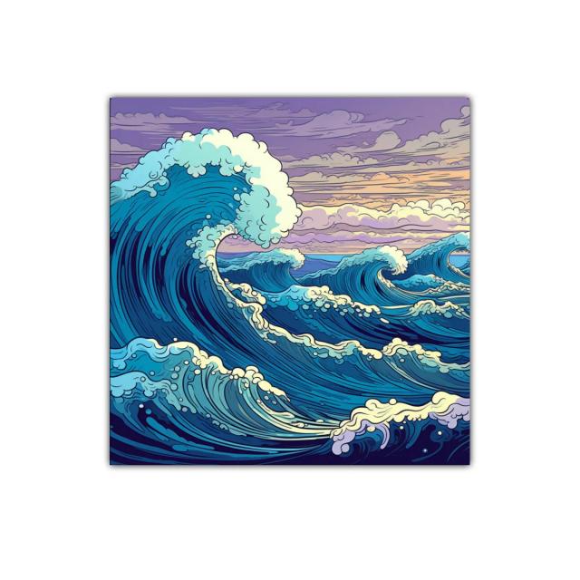 Olas dinámicas bajo un cielo crepuscular en tonos vibrantes