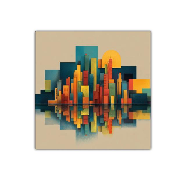 Cuadro de ciudad geométrica con reflejo al atardecer