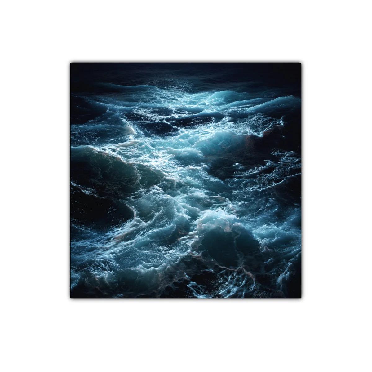 Cuadro decorativo oleaje nocturno con tonos azul y blanco — imagen principal