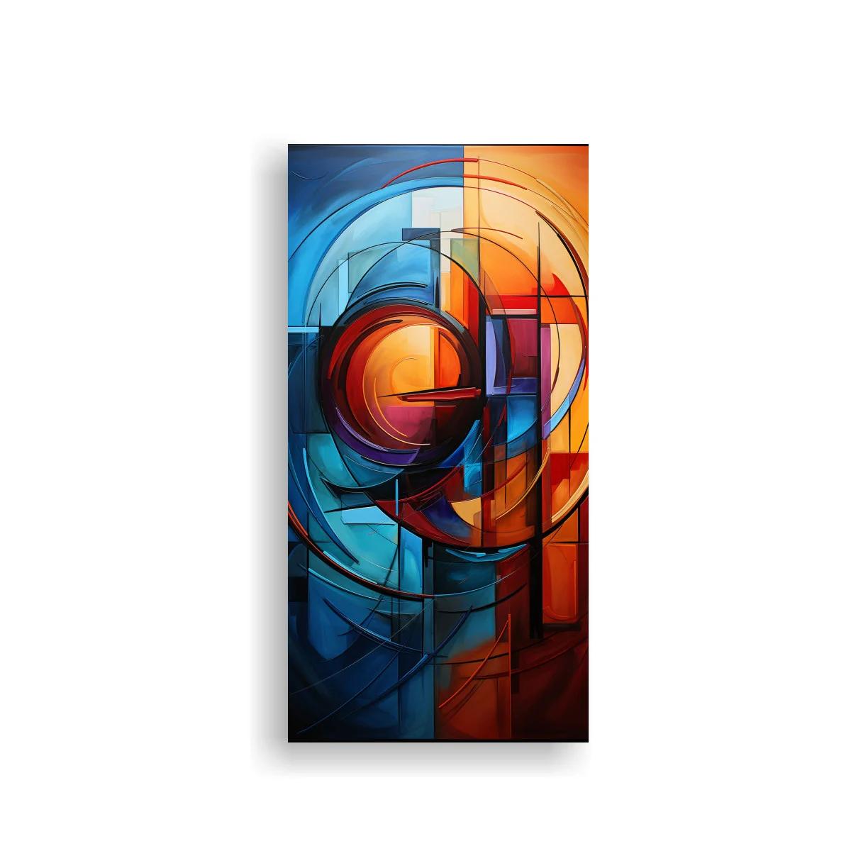 Cuadro abstracto geométrico con círculos y arcos en azul y naranja