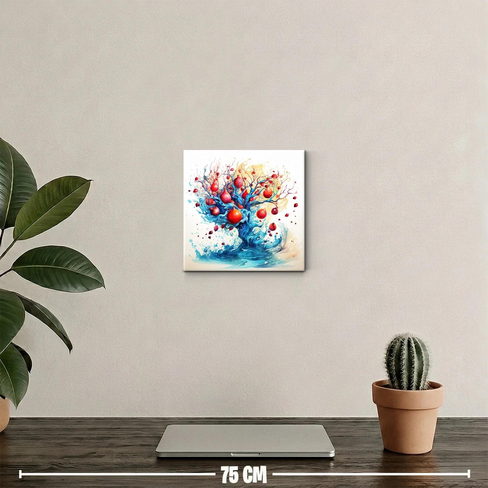 Cuadro artístico con árbol de granadas vibrantes y flujo azul — miniatura 2