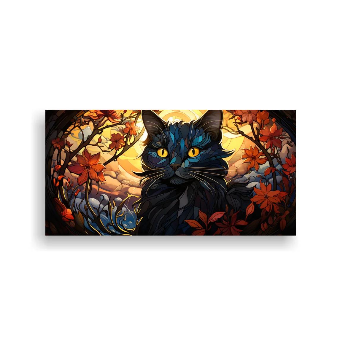 Cuadro gato negro de ojos amarillos entre flores y ramas