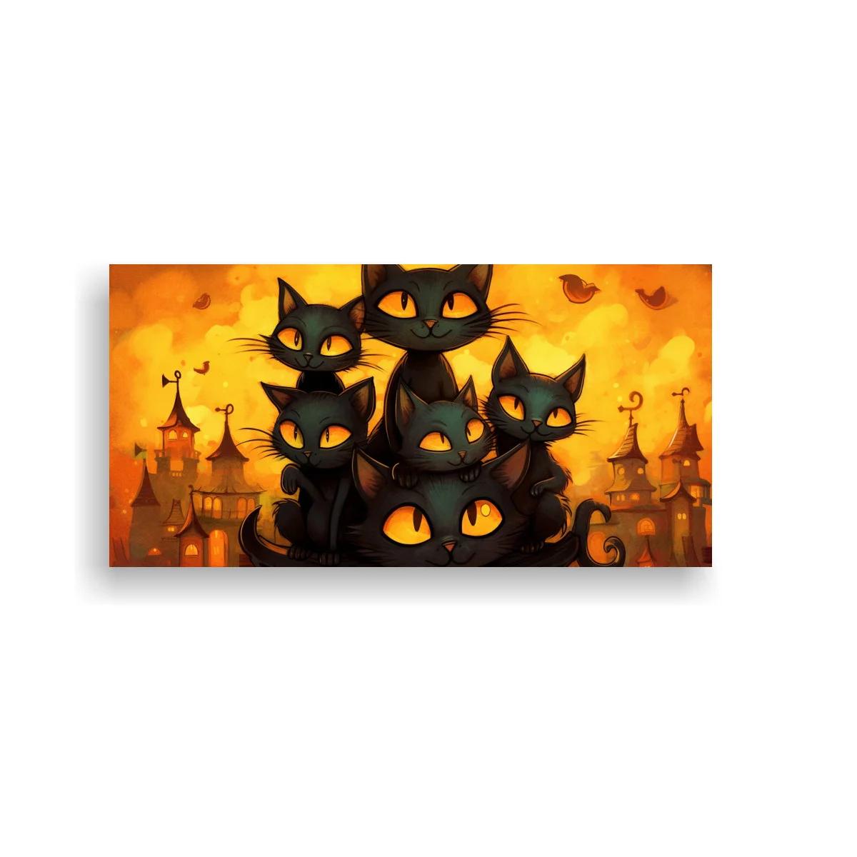 Cuadro grupo de gatos negros con murciélagos y castillos fantásticos