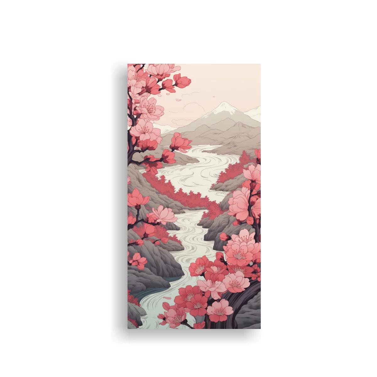 Cuadro paisaje de montaña con flores rosadas
