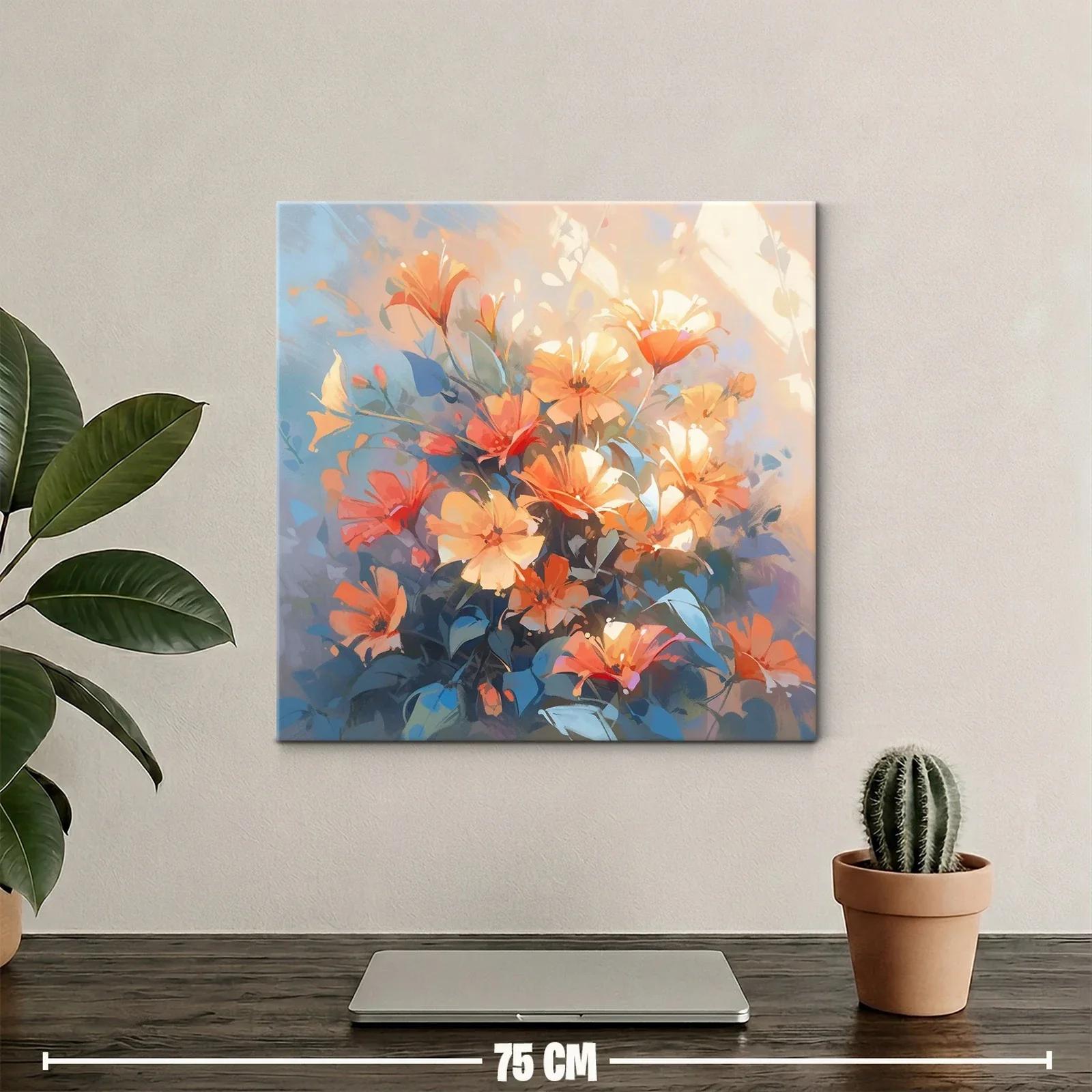 Cuadro con ramo de flores en tonos cálidos y azulados — miniatura 2