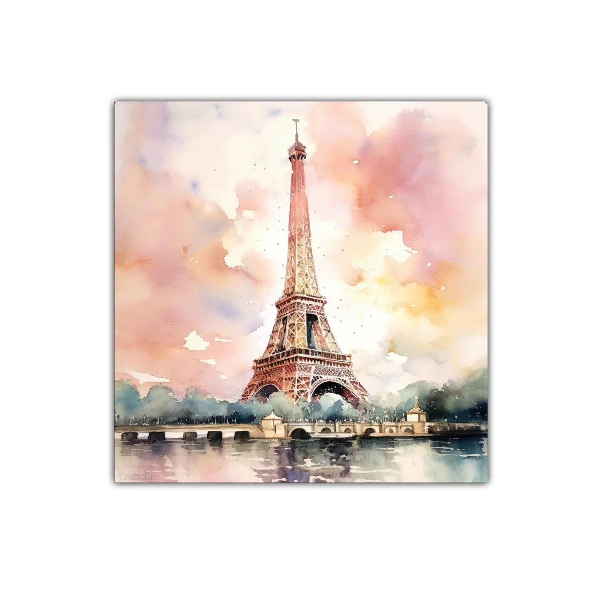 Cuadro decorativo con Torre Eiffel en acuarela rosa y dorado — imagen principal
