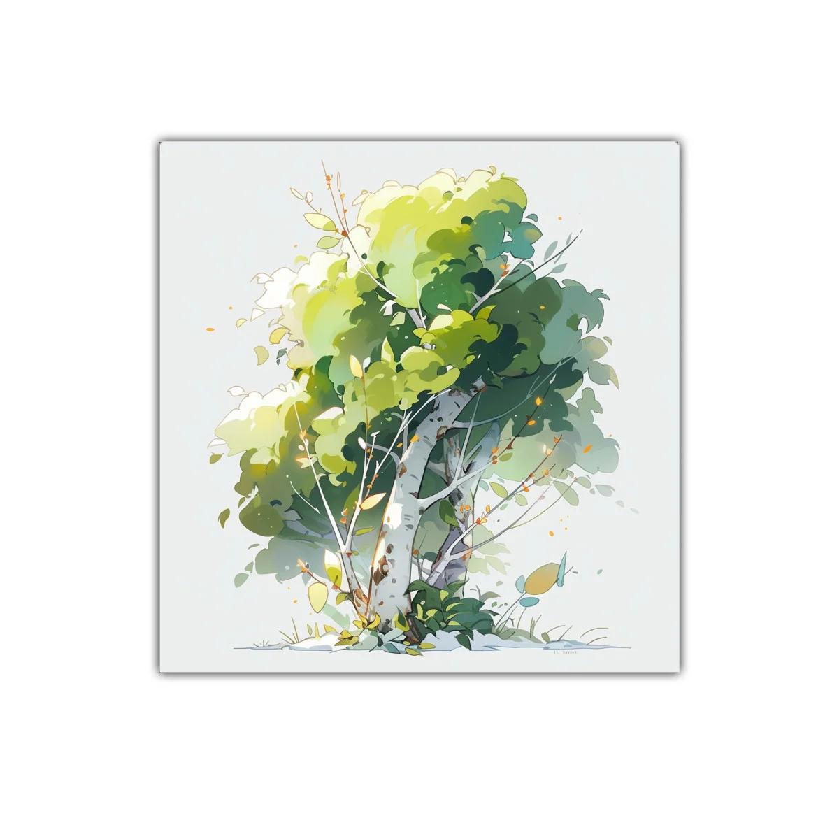 Cuadro decorativo con ilustración de árbol verde y blanco