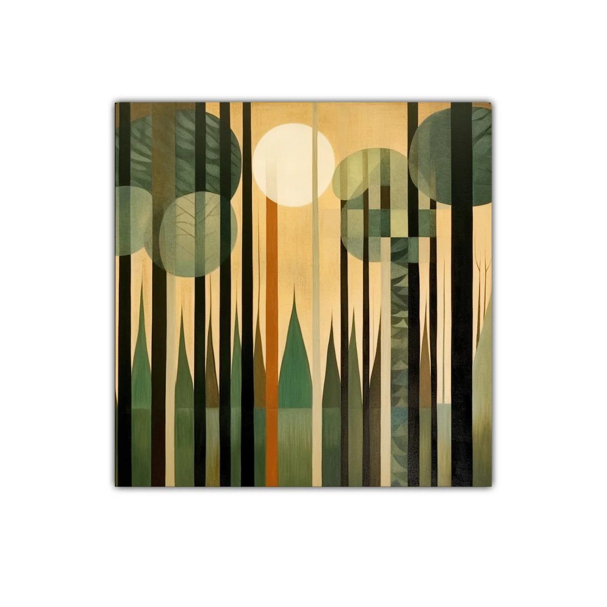 Bosque geométrico en tonos verdes y ocres cálidos — imagen principal