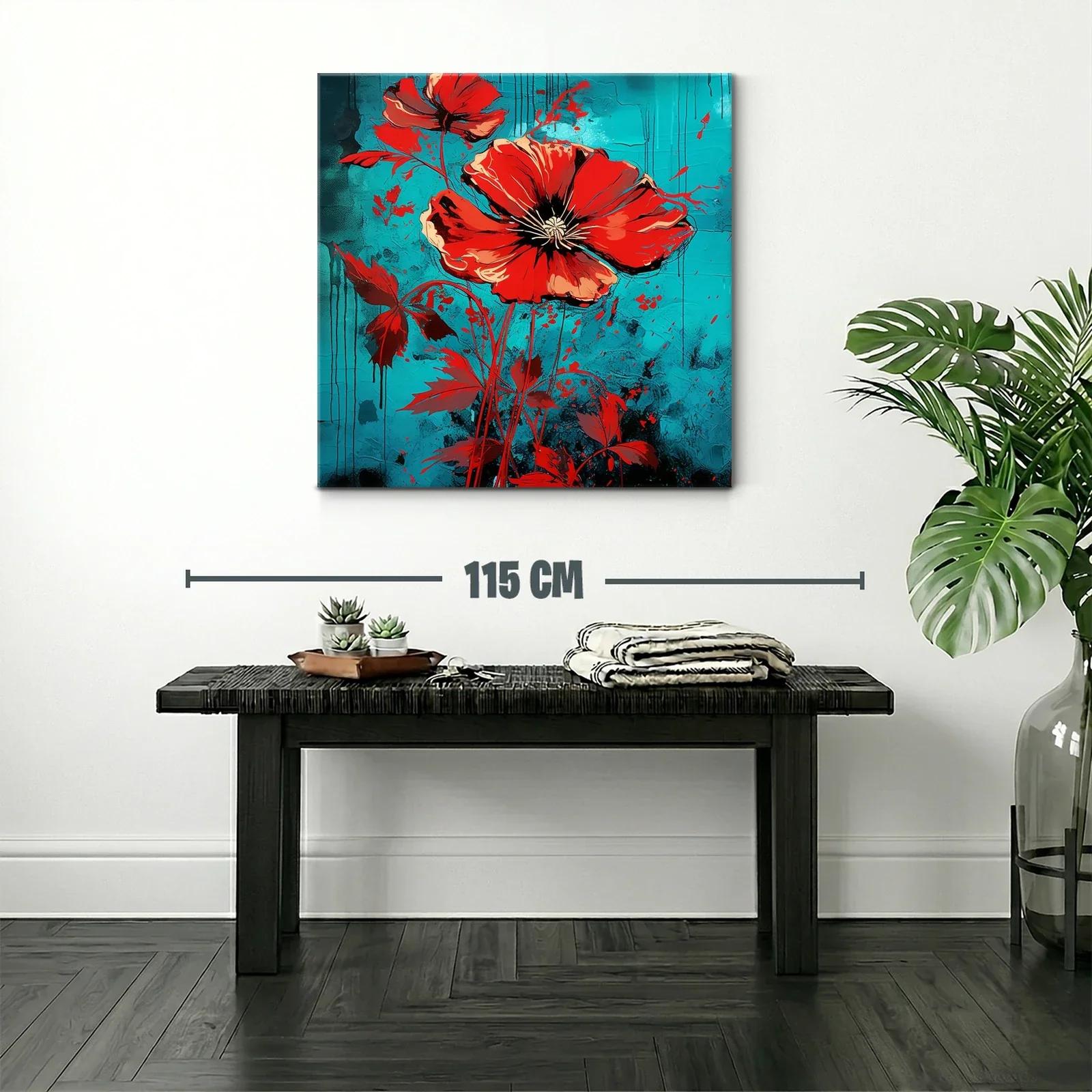 Llamativo cuadro floral con amapolas rojas y fondo azul — miniatura 2