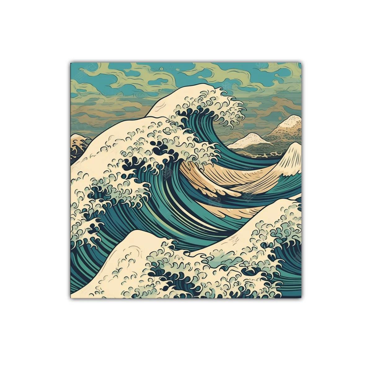 Cuadro decorativo con ola y paisaje montañoso en tonos azules — imagen principal