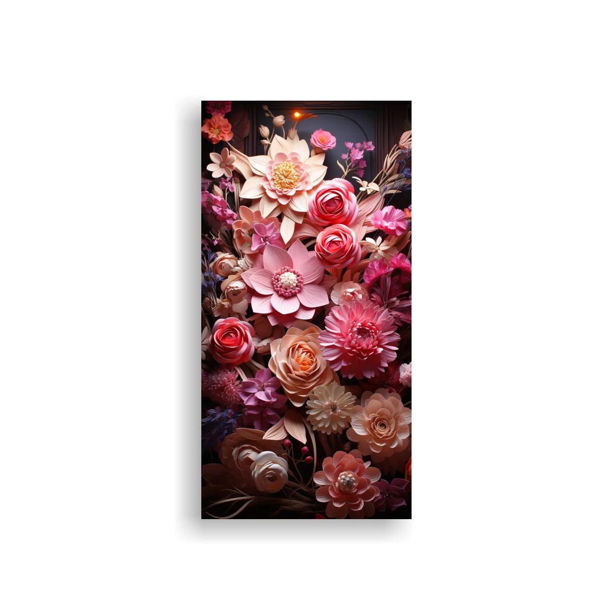 Cuadro ramo de flores rosadas con hojas oscuras
