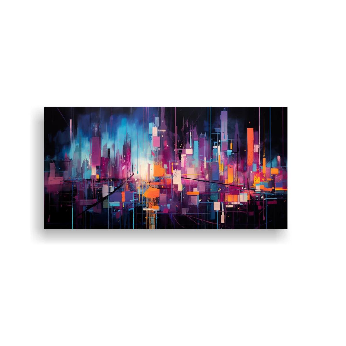 Cuadro skyline urbano abstracto en morado y turquesa