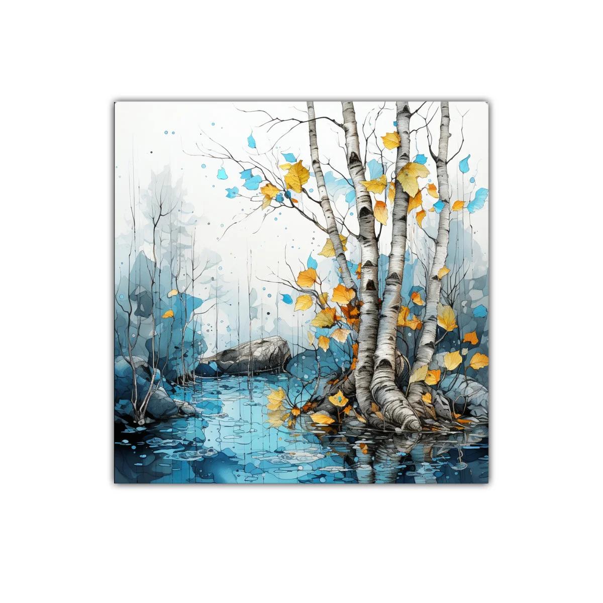 Paisaje sereno de abedules con hojas doradas reflejadas en agua — imagen principal