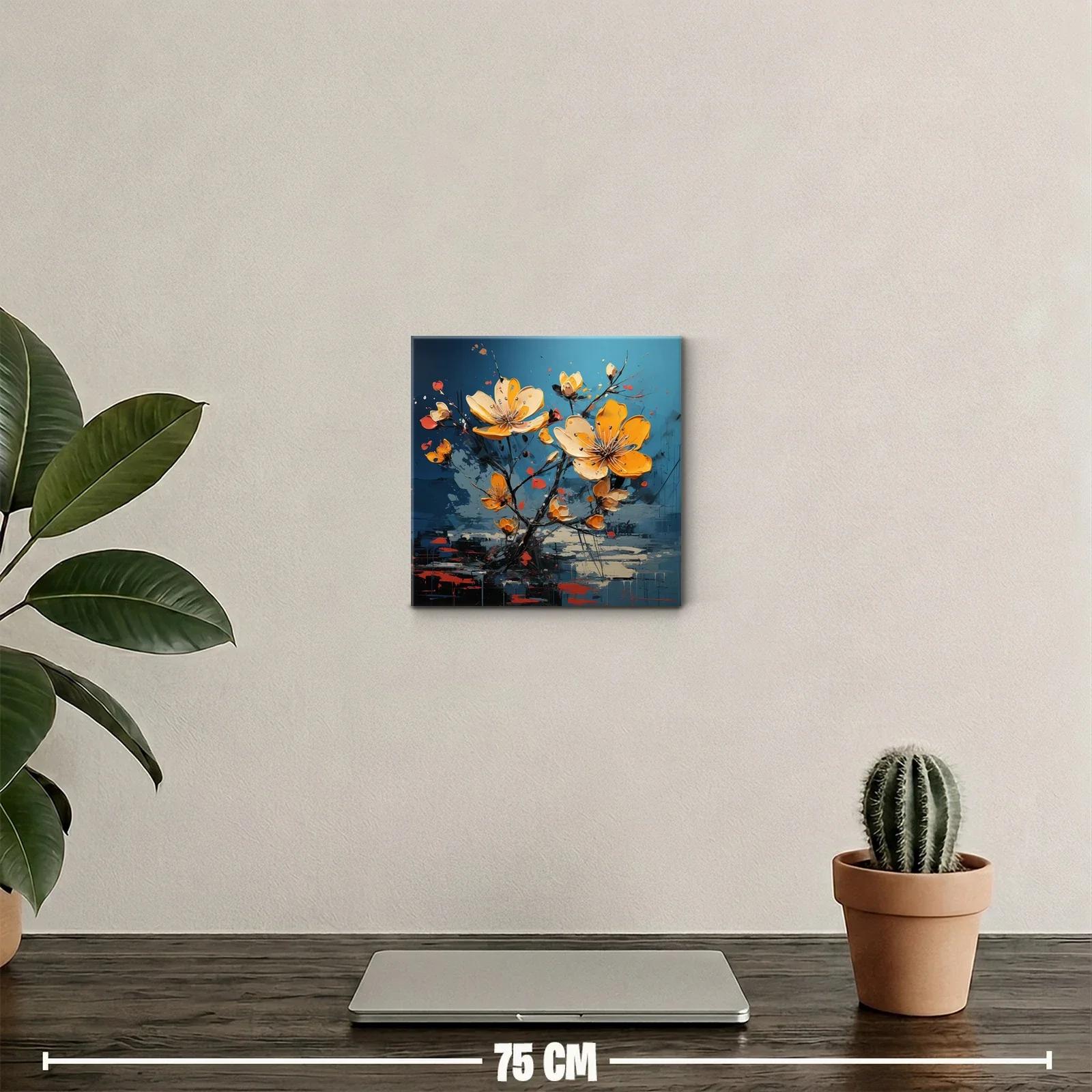 Cuadro floral en vibrantes tonos amarillos y fondo azul — miniatura 2