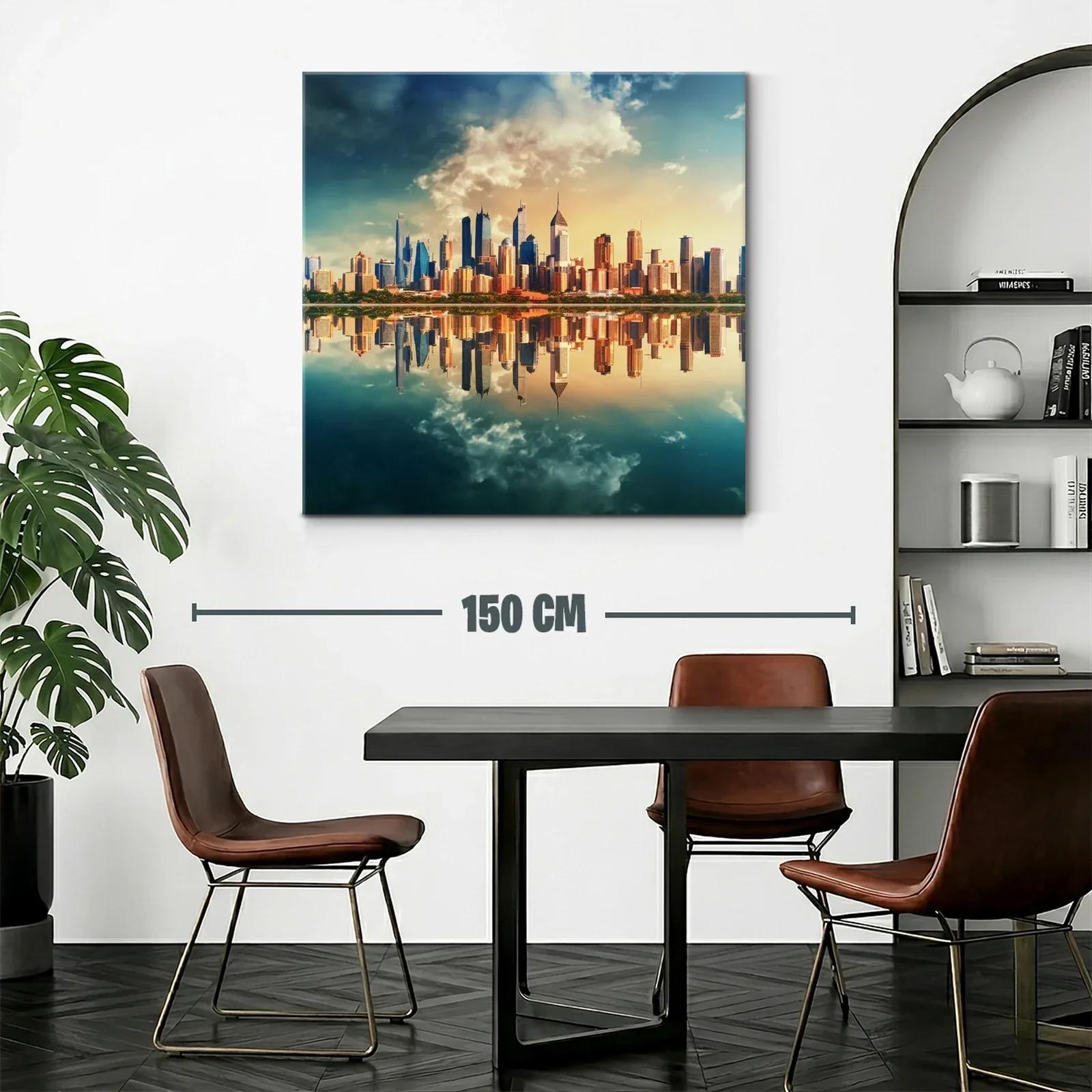 Horizonte urbano reflejado en laguna al atardecer — miniatura 2