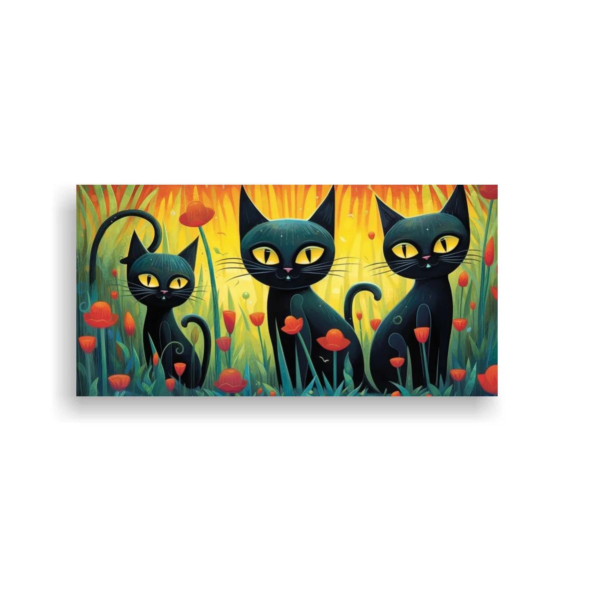 Cuadro tres gatos negros entre amapolas