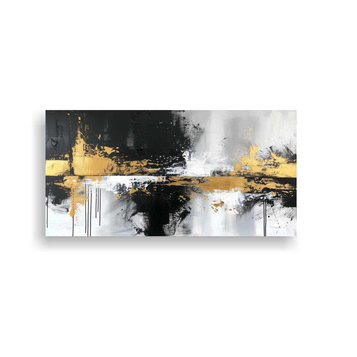 Cuadro abstracción de manchas negras con franja dorada